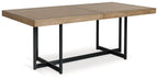 Rectangular light brown dining extension table angled view with black metal frame