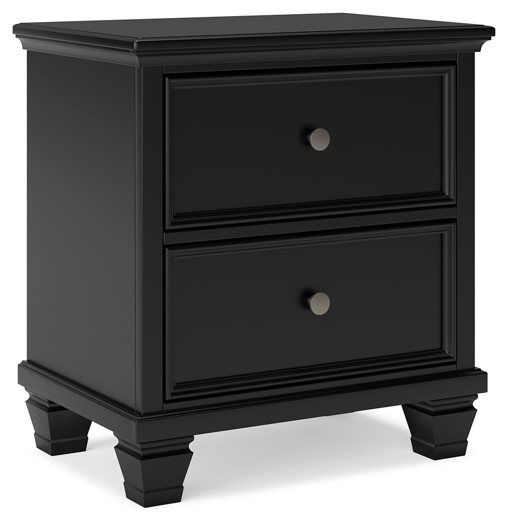 Black two-drawer nightstand with round knobs and turned legs