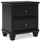Black two-drawer nightstand with round knobs and turned legs