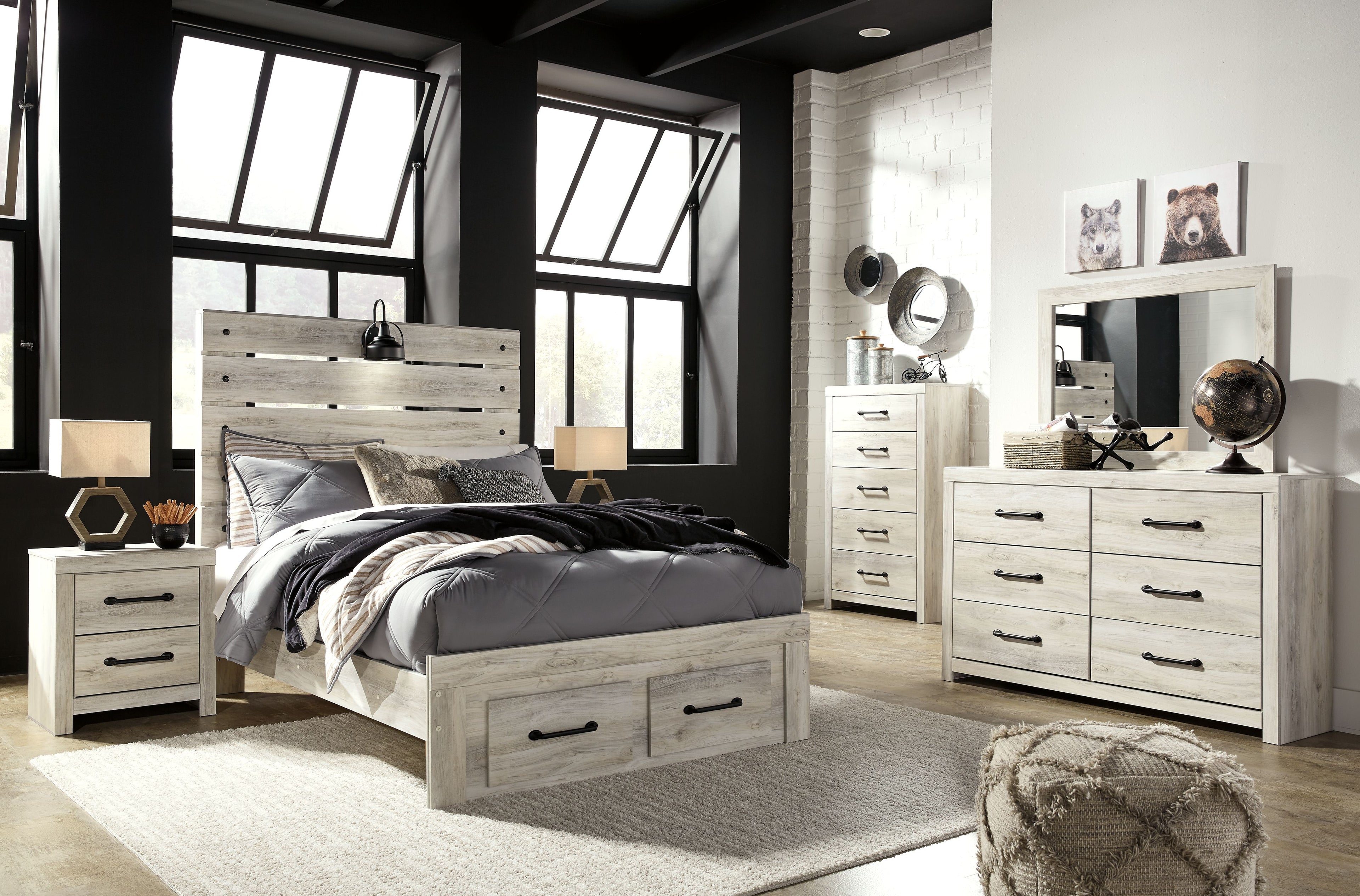 Youth bedroom set with light wood bed, nightstand storage, and dresser with mirror