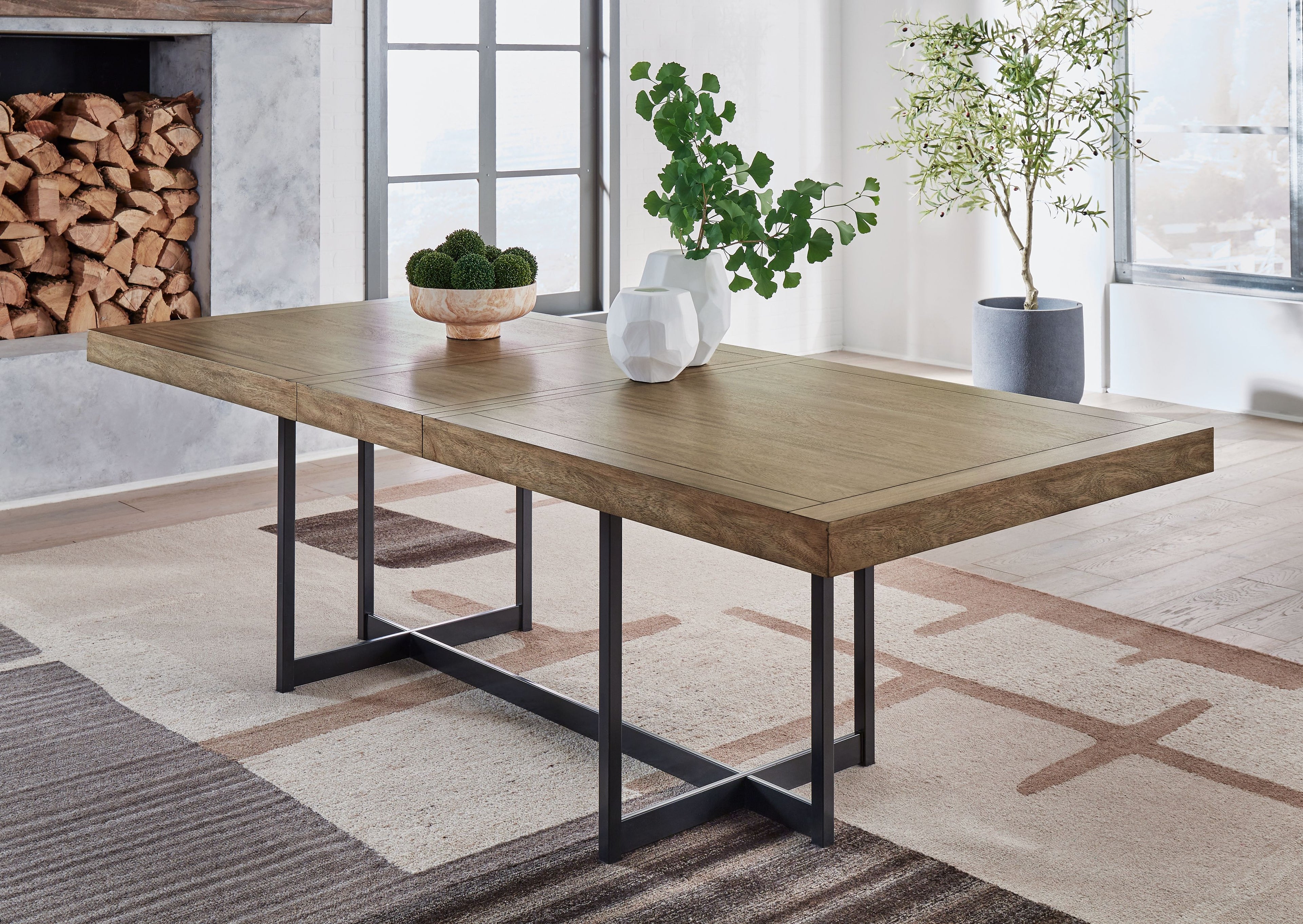 Rectangular light brown dining extension table with black metal legs