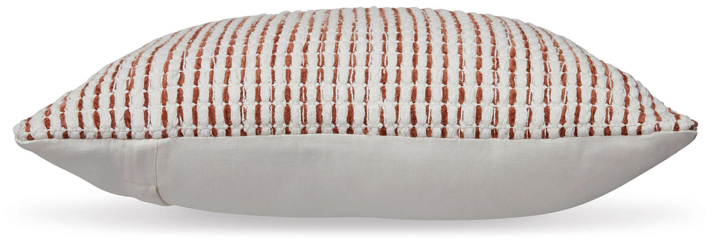 Square pillow with red-and-white striped cover and white backing, side view