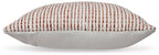 Square pillow with red-and-white striped cover and white backing, side view