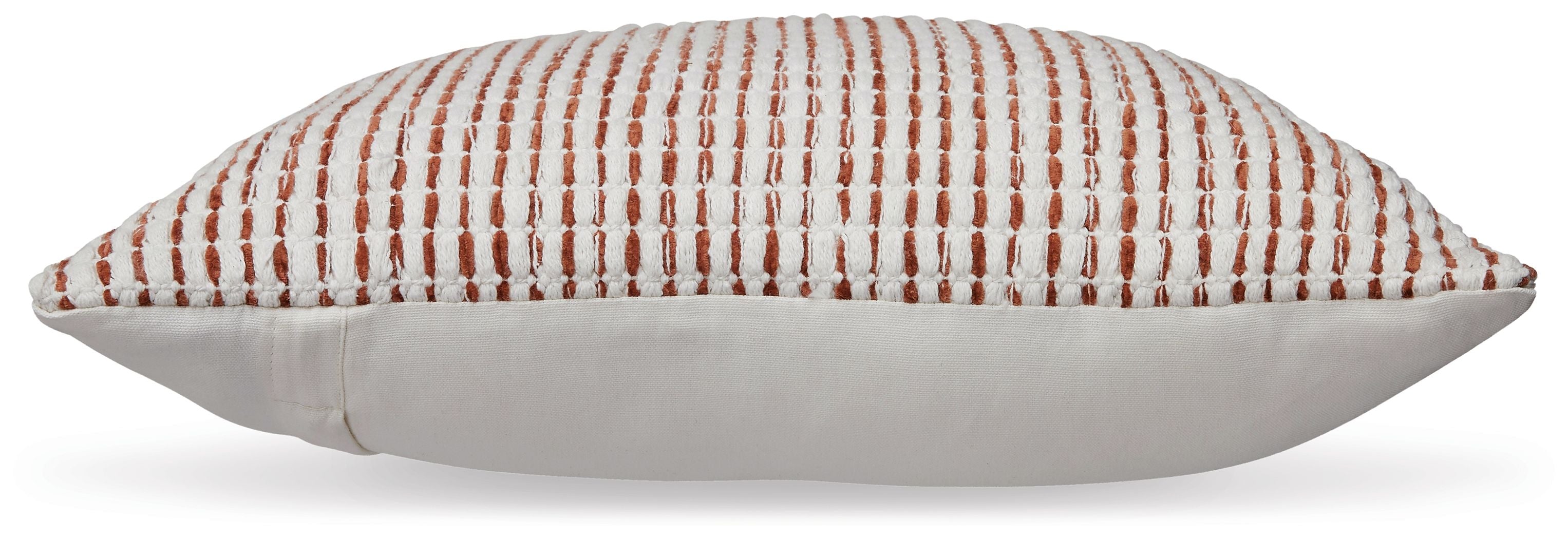 Square pillow with red-and-white striped cover and white backing, side view