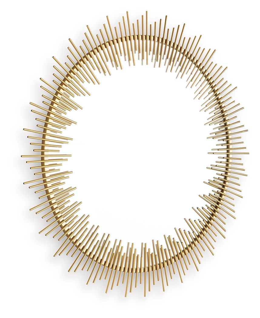 Circular gold accent mirror frame with vertical radiating rods, front view