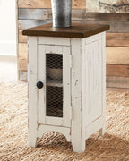 Chair side end table with white distressed finish and brown tabletop, mesh door front