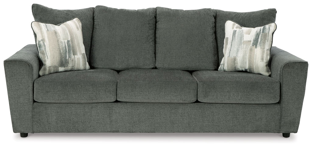 Stairatt sofa in gravel gray with three seat cushions and removable-look throw pillows