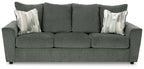 Stairatt sofa in gravel gray with three seat cushions and removable-look throw pillows