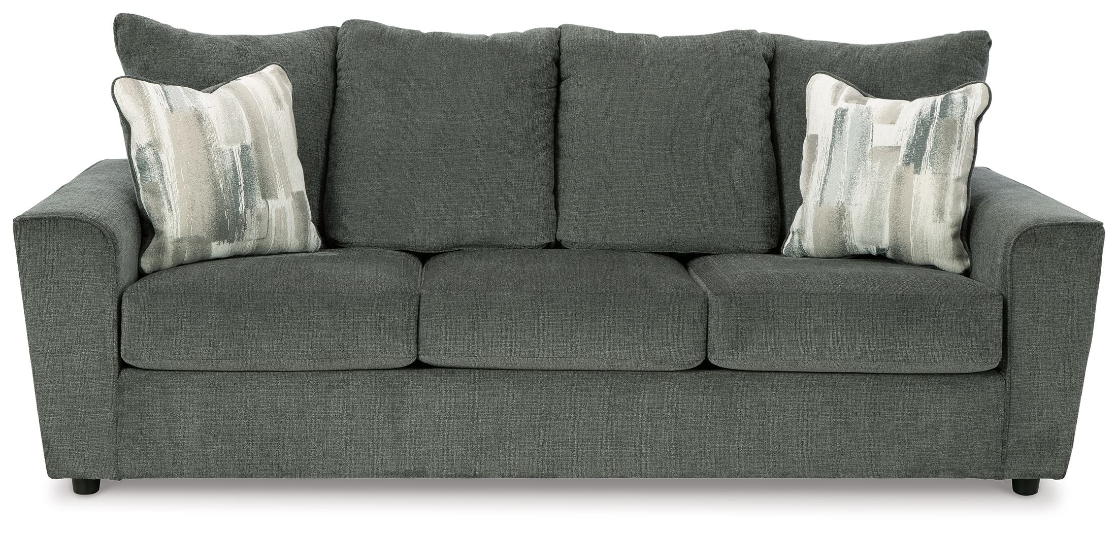 Stairatt sofa in gravel gray with three seat cushions and removable-look throw pillows