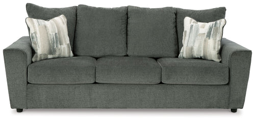 Stairatt sofa in gravel gray with three seat cushions and removable-look throw pillows