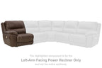 Left-arm facing power recliner section in chocolate brown leather-look with padded arm