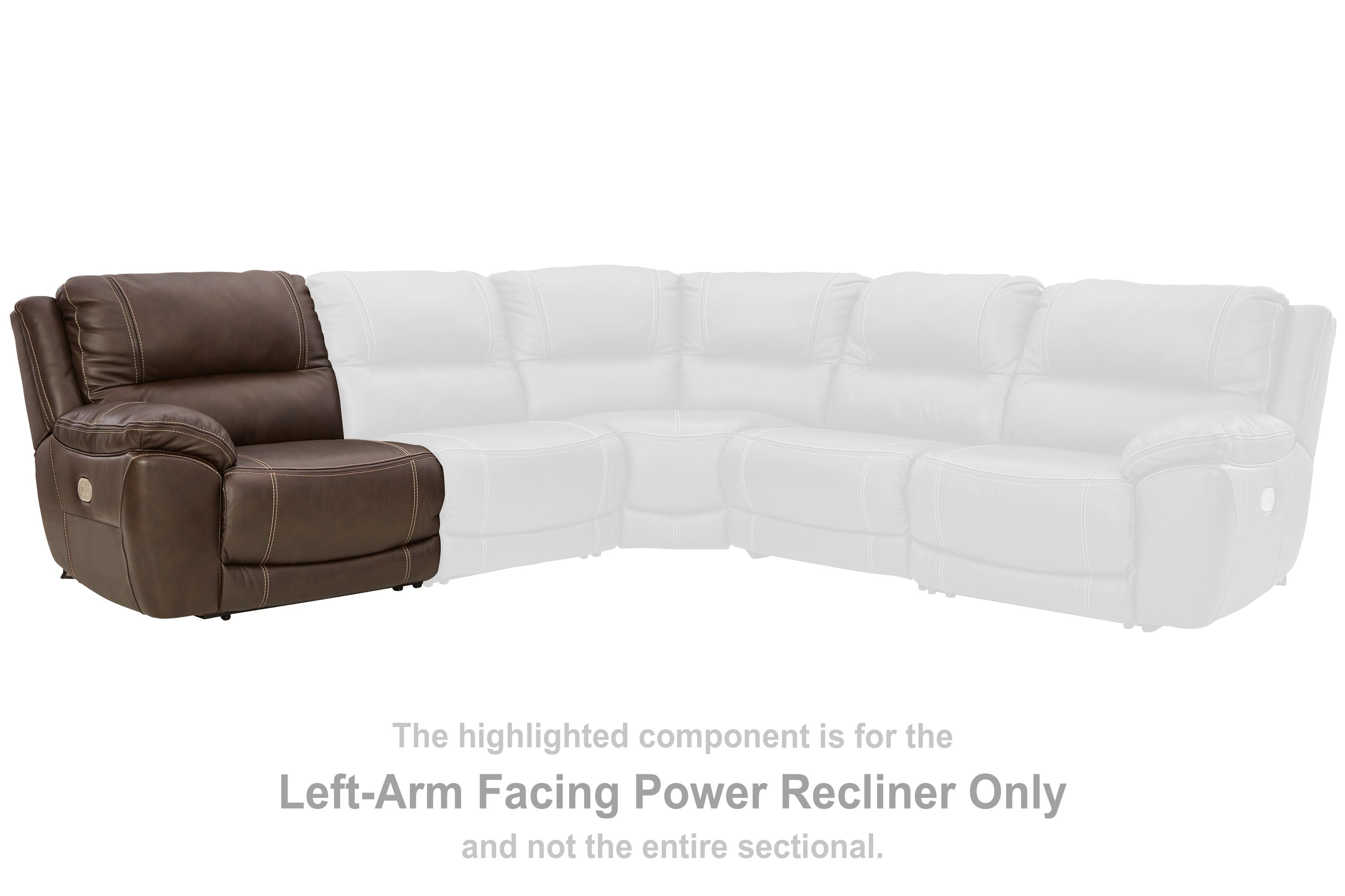 Left-arm facing power recliner section in chocolate brown leather-look with padded arm