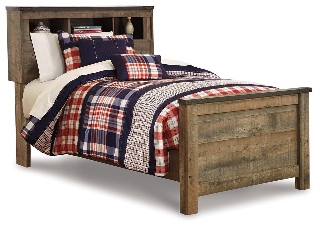 Dark brown bookcase bed with plaid comforter and pillows