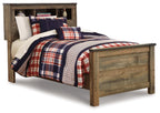 Dark brown bookcase bed with plaid comforter and pillows