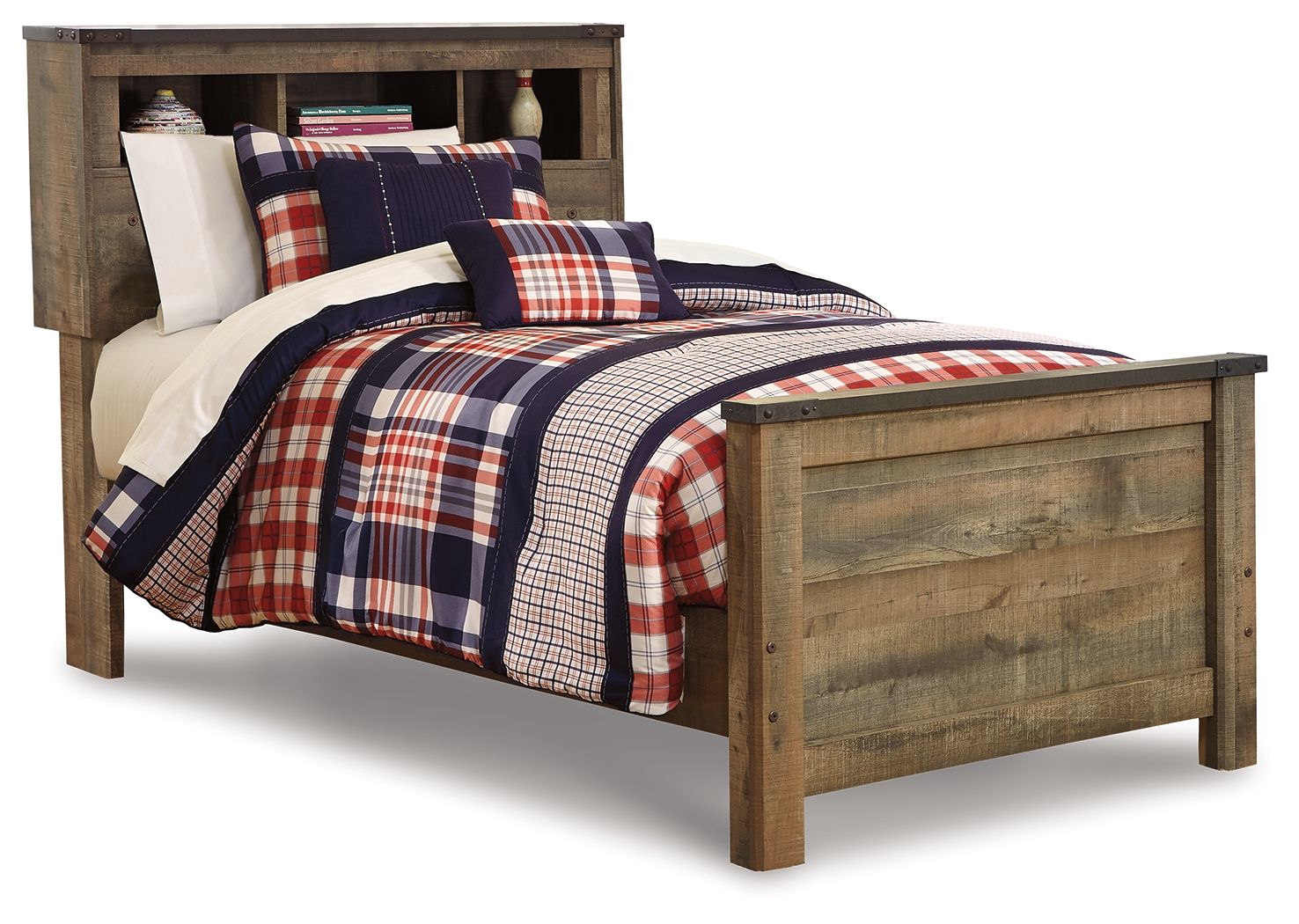 Dark brown bookcase bed with plaid comforter and pillows