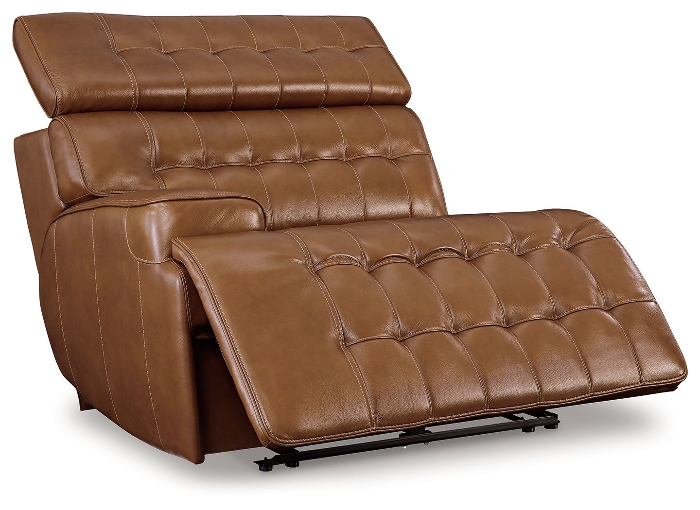 Chocolate brown leather power recliner showing extended footrest and tufted seat back