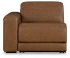 Caramel brown power recliner chair, front view with tall back and armrests