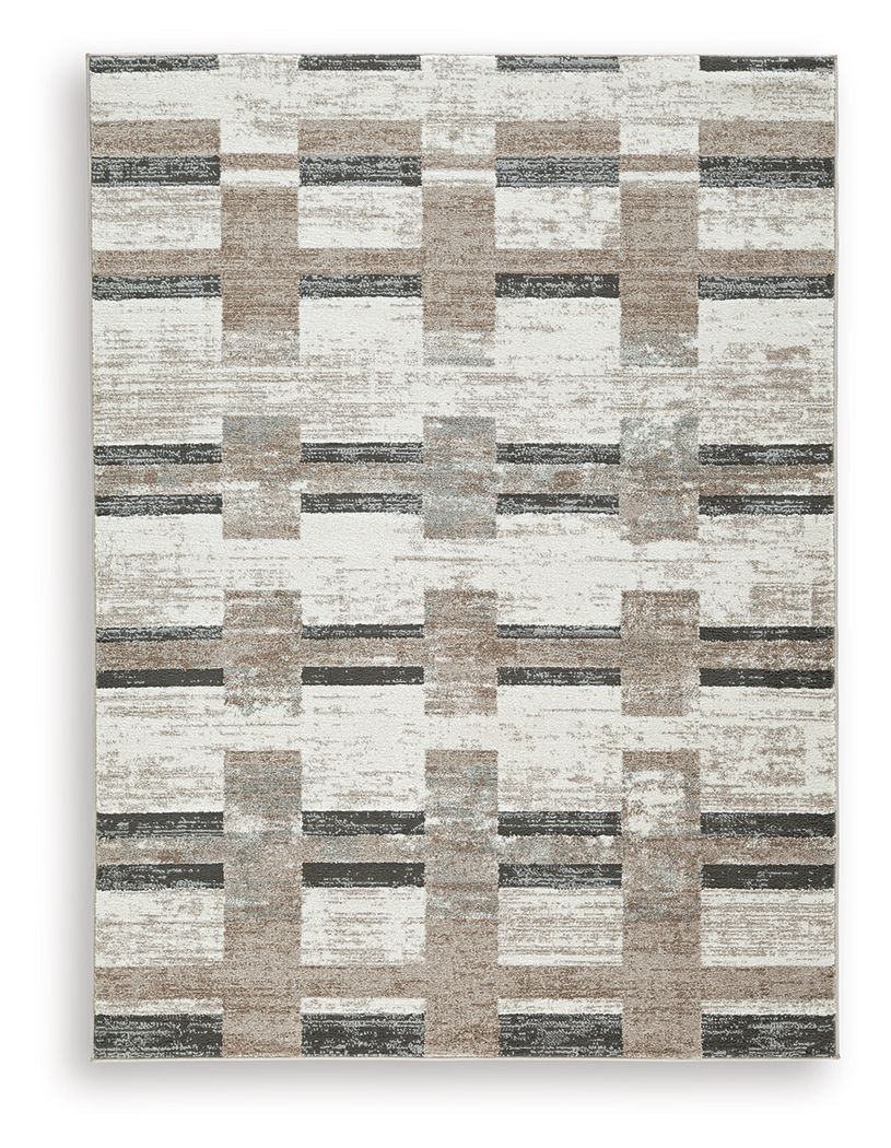Beige abstract geometric block area rug with charcoal and taupe stripes