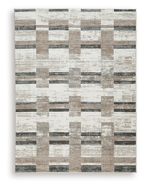 Beige abstract geometric block area rug with charcoal and taupe stripes