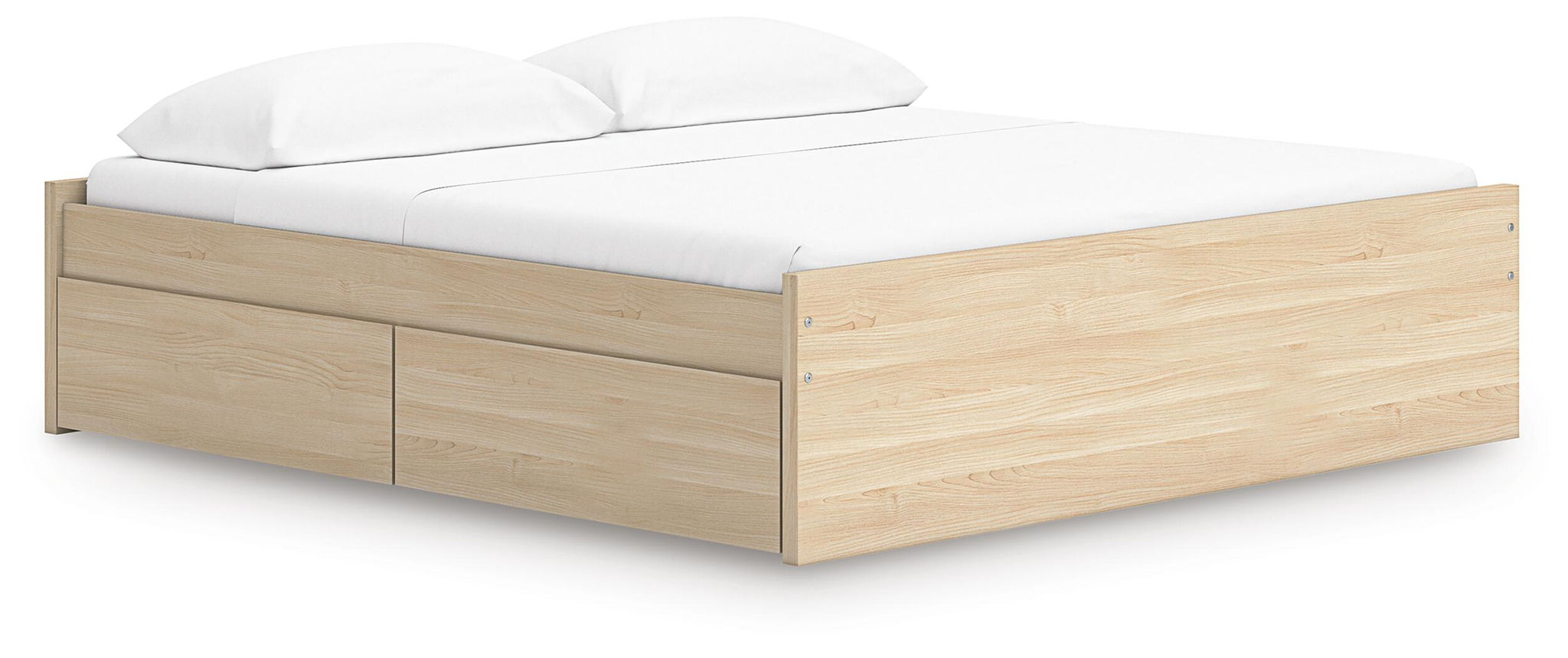 Light brown platform bed with two front storage drawers and upholstered headboard