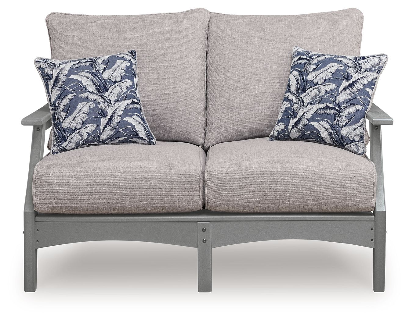 Gray loveseat with two blue palm-pattern throw pillows and centered back cushion