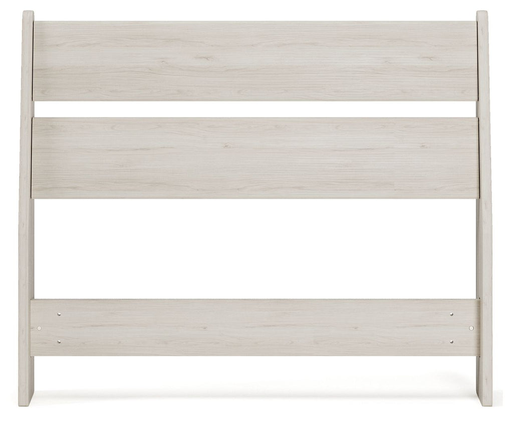 Socalle panel headboard, light wood with three horizontal slats and side posts.