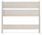 Socalle panel headboard, light wood with three horizontal slats and side posts.