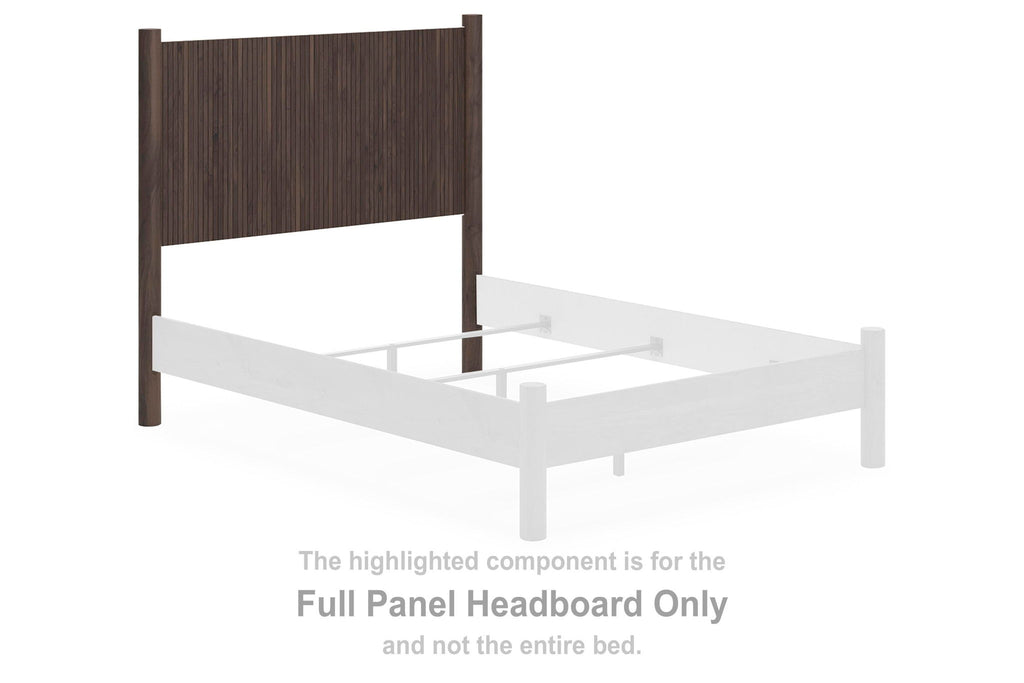 Brown full panel headboard with vertical slat texture and straight top rail