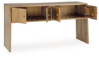 Rich brown wood console table with open cabinet and side shelves