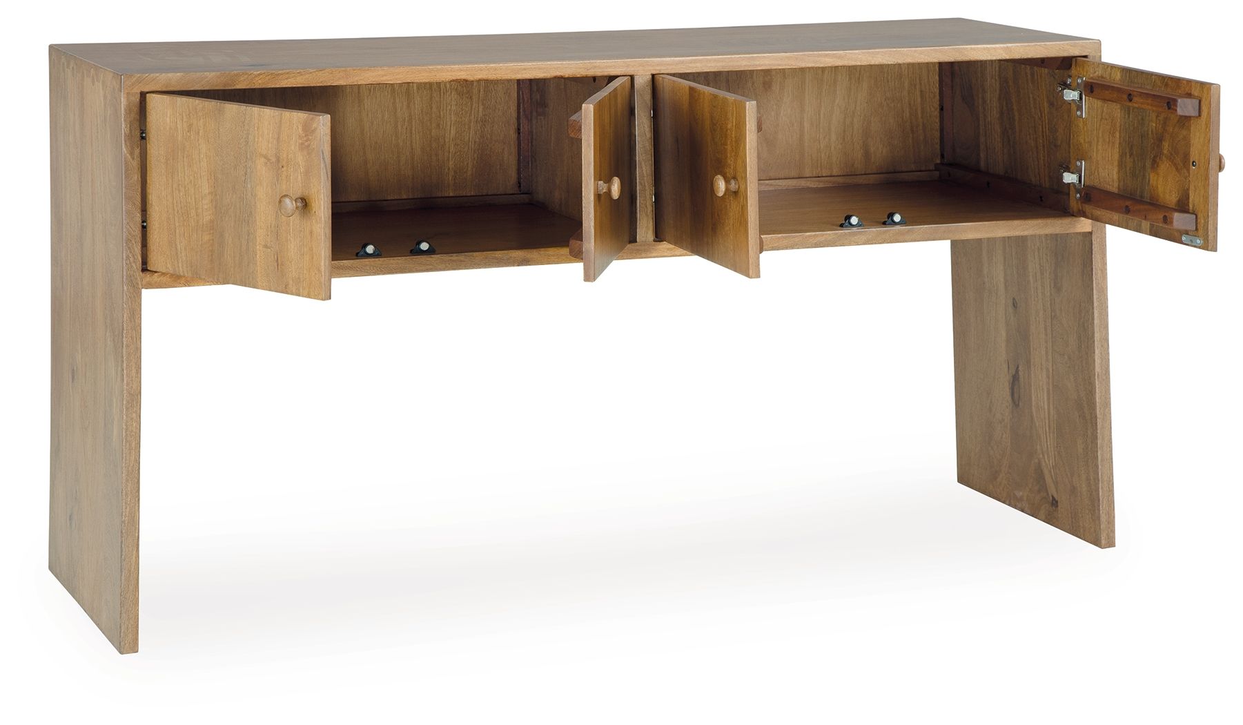 Rich brown wood console table with open cabinet and side shelves