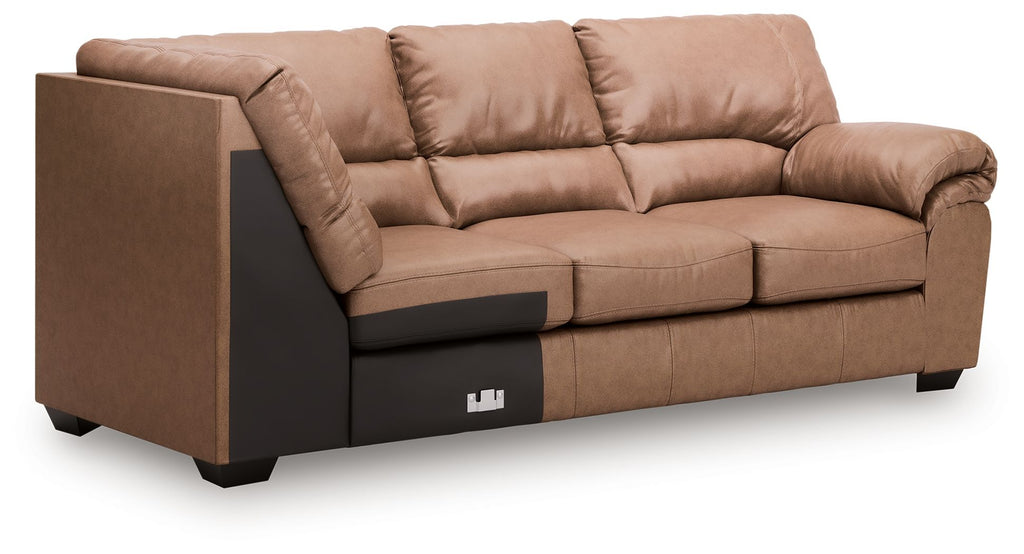 Caramel fabric RAF sofa with corner wedge, cushioned arms and tufted back