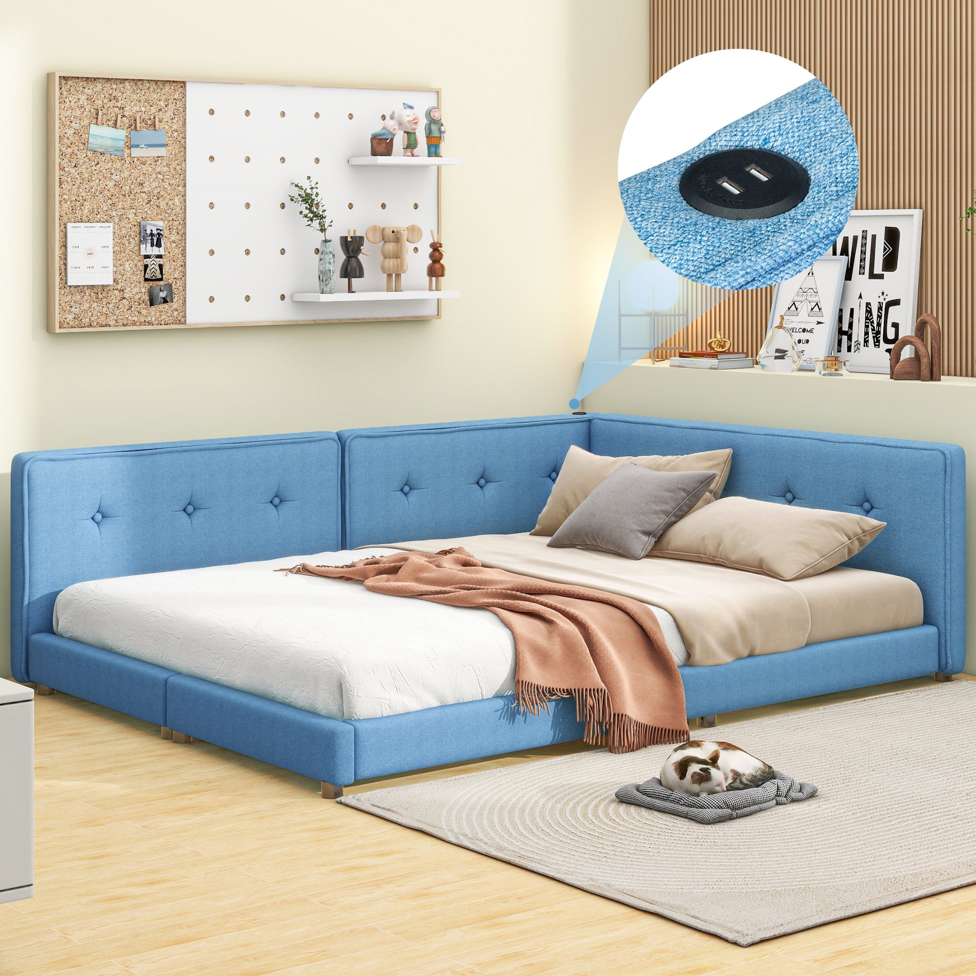 Blue Upholstered Full Platform Bed with USB Ports