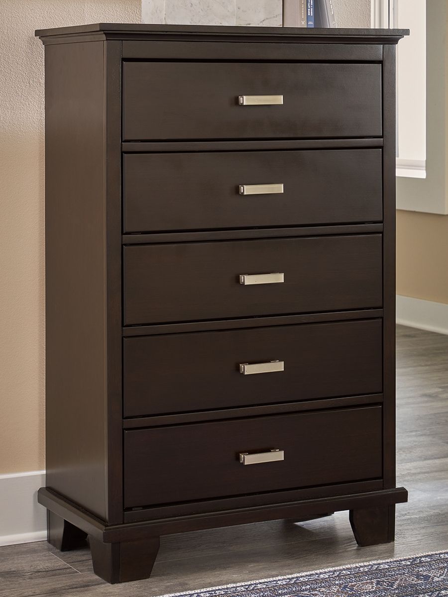 Five-drawer chest with dark brown drawers, silver bar handles, and sturdy angled feet