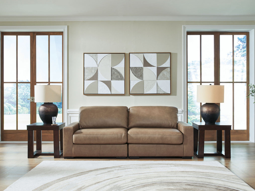 Two-seat sectional sofa with chaise-style extension, taupe upholstery, squared arms