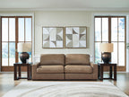 Two-seat sectional sofa with chaise-style extension, taupe upholstery, squared arms