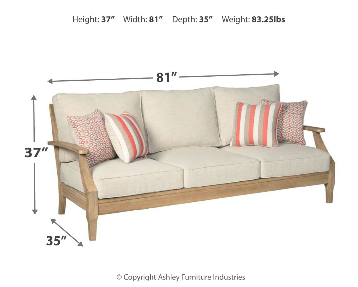 Beige sofa with four patterned cushions and two striped throw pillows