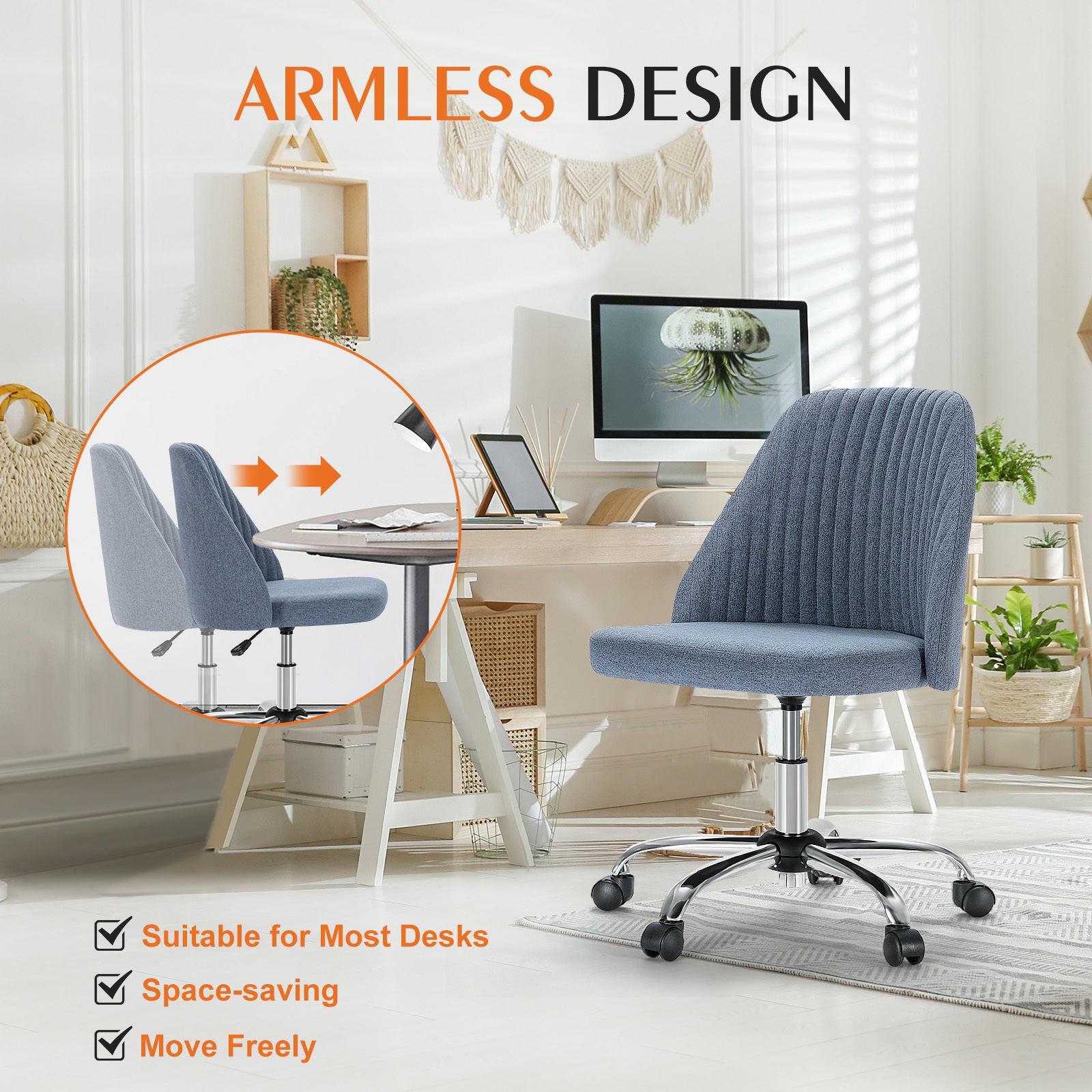 Armless Office Chair with Wheels, Adjustable & Swivel