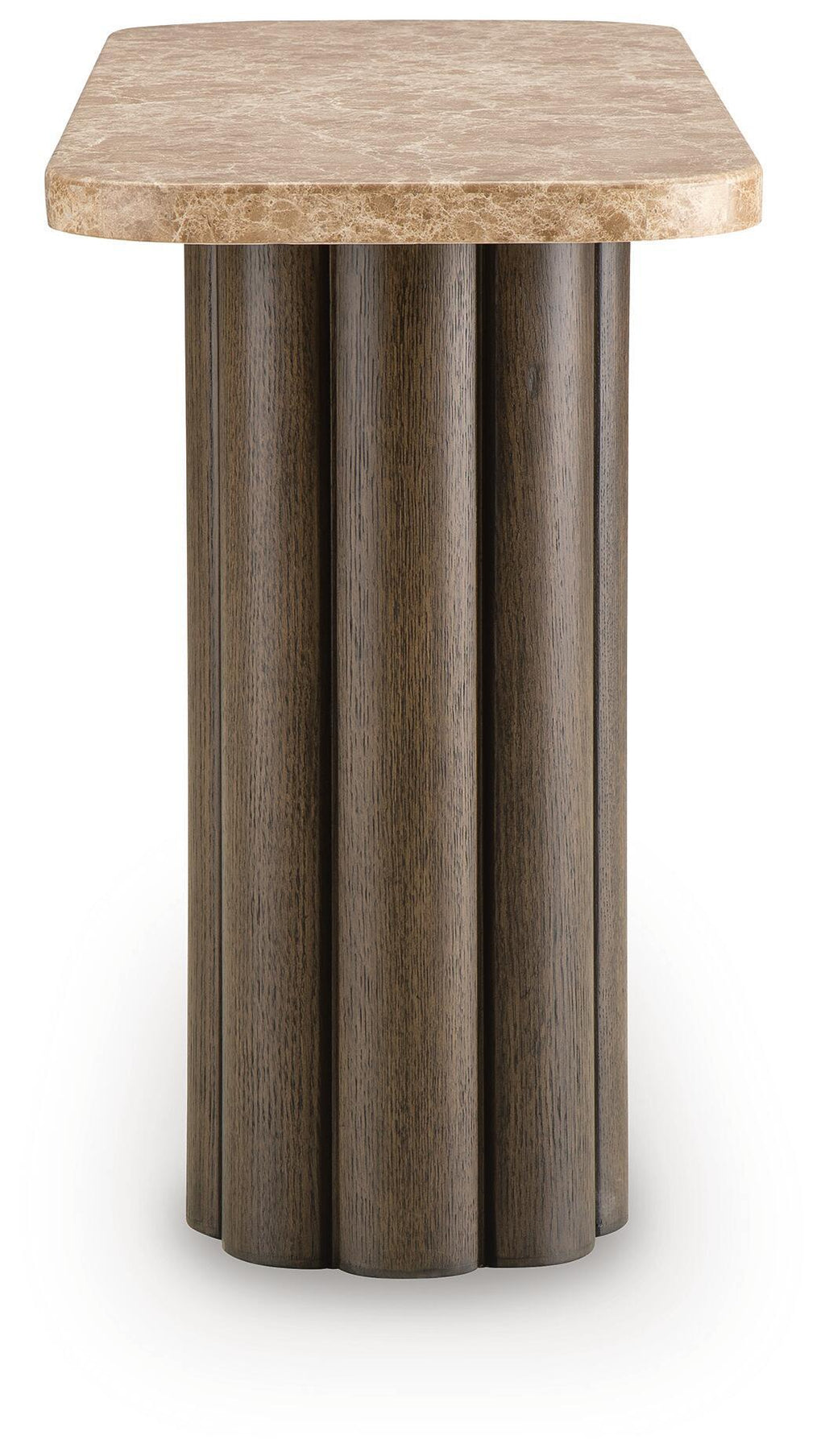 Wood side table with textured light top and vertical ribbed column base