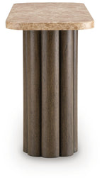Wood side table with textured light top and vertical ribbed column base