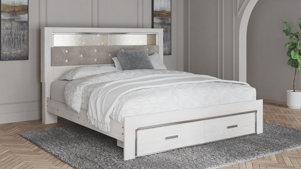 White king upholstered bookcase bed with low footboard and two storage drawers