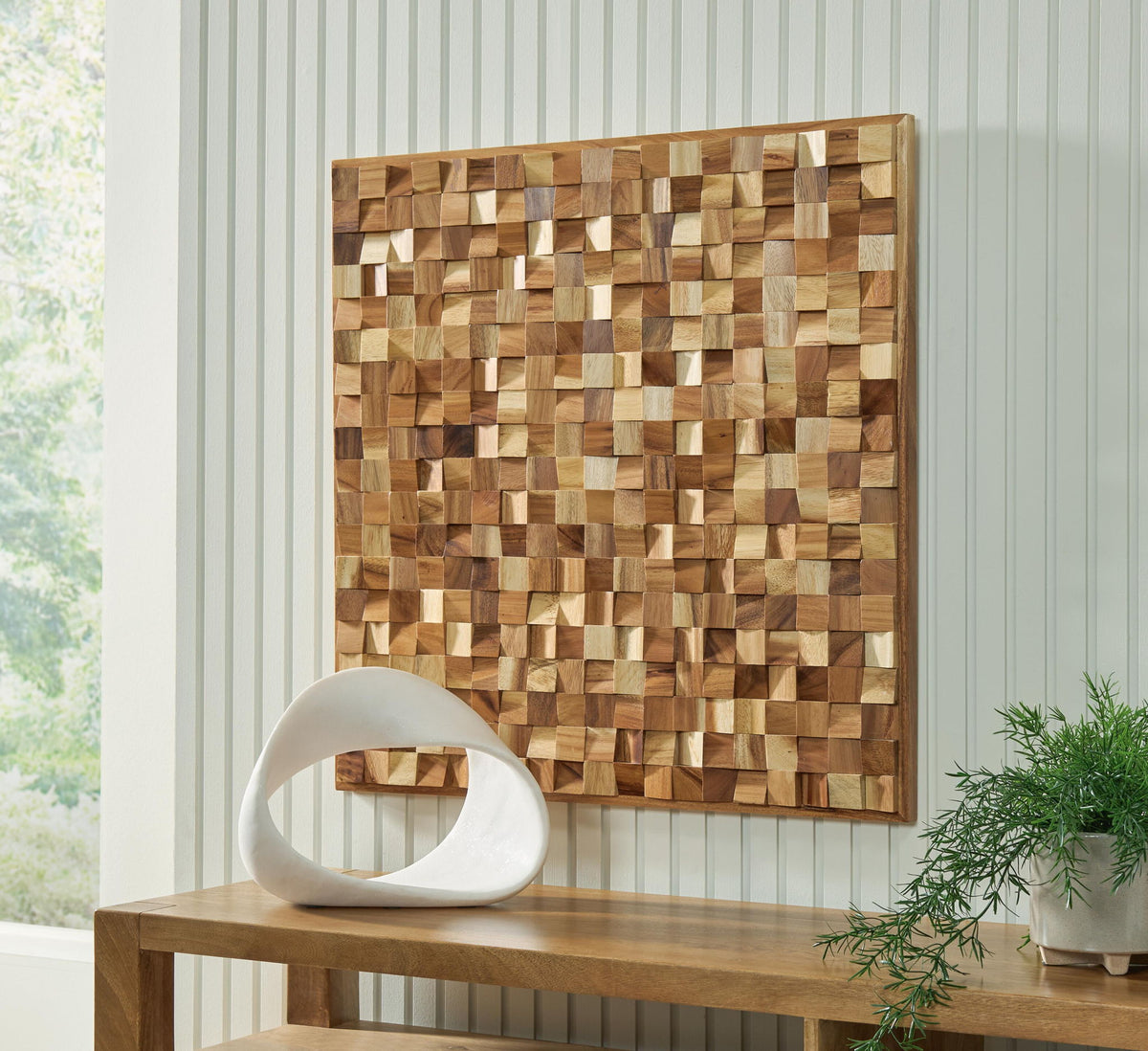 Mounted brown wood block mosaic wall decor panel with 3D cube squares