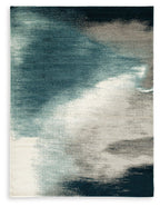 Blue abstract area rug with cream and dark teal distressed pattern, flat weave