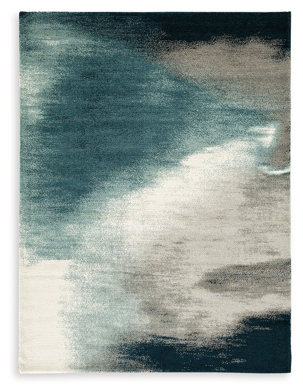 Blue abstract area rug with cream and dark teal distressed pattern, flat weave