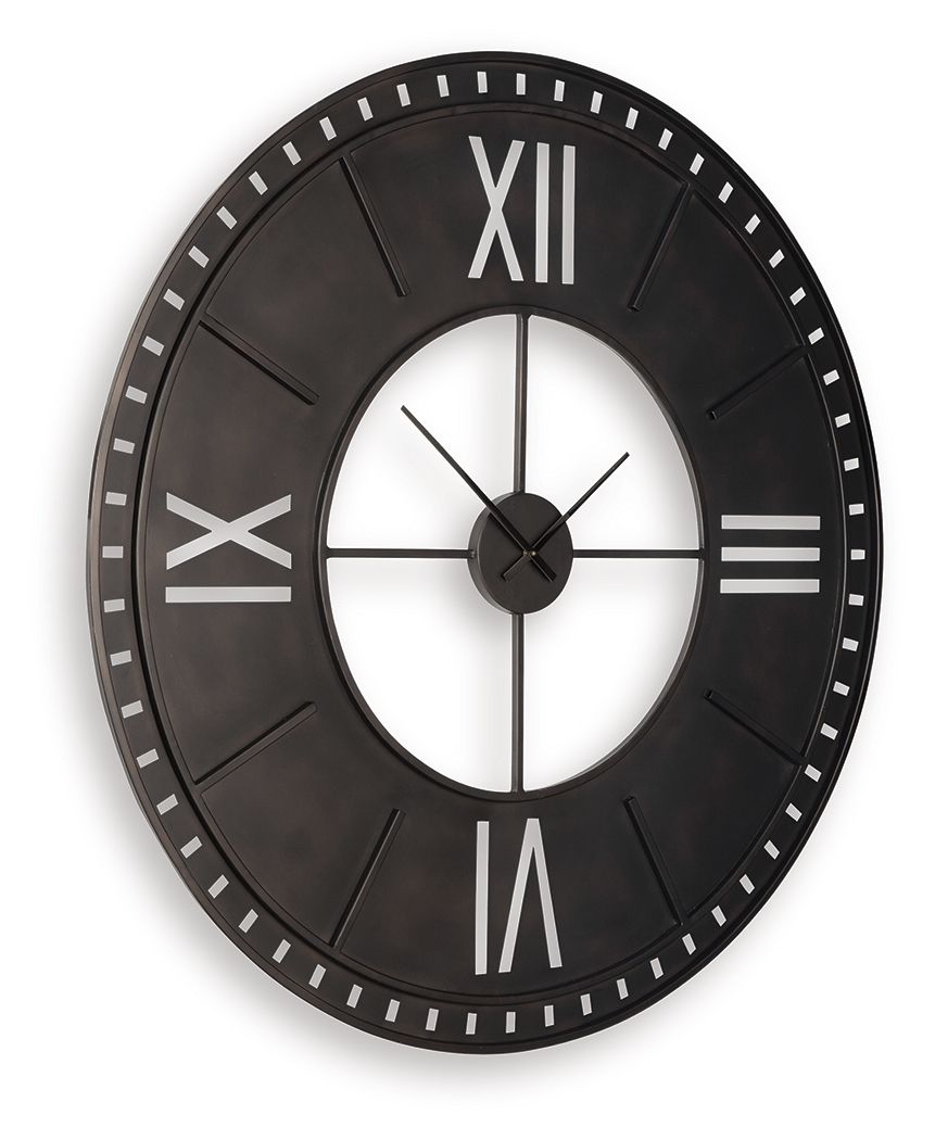 Antique brown wall clock with roman numerals, white center ring, and black hands