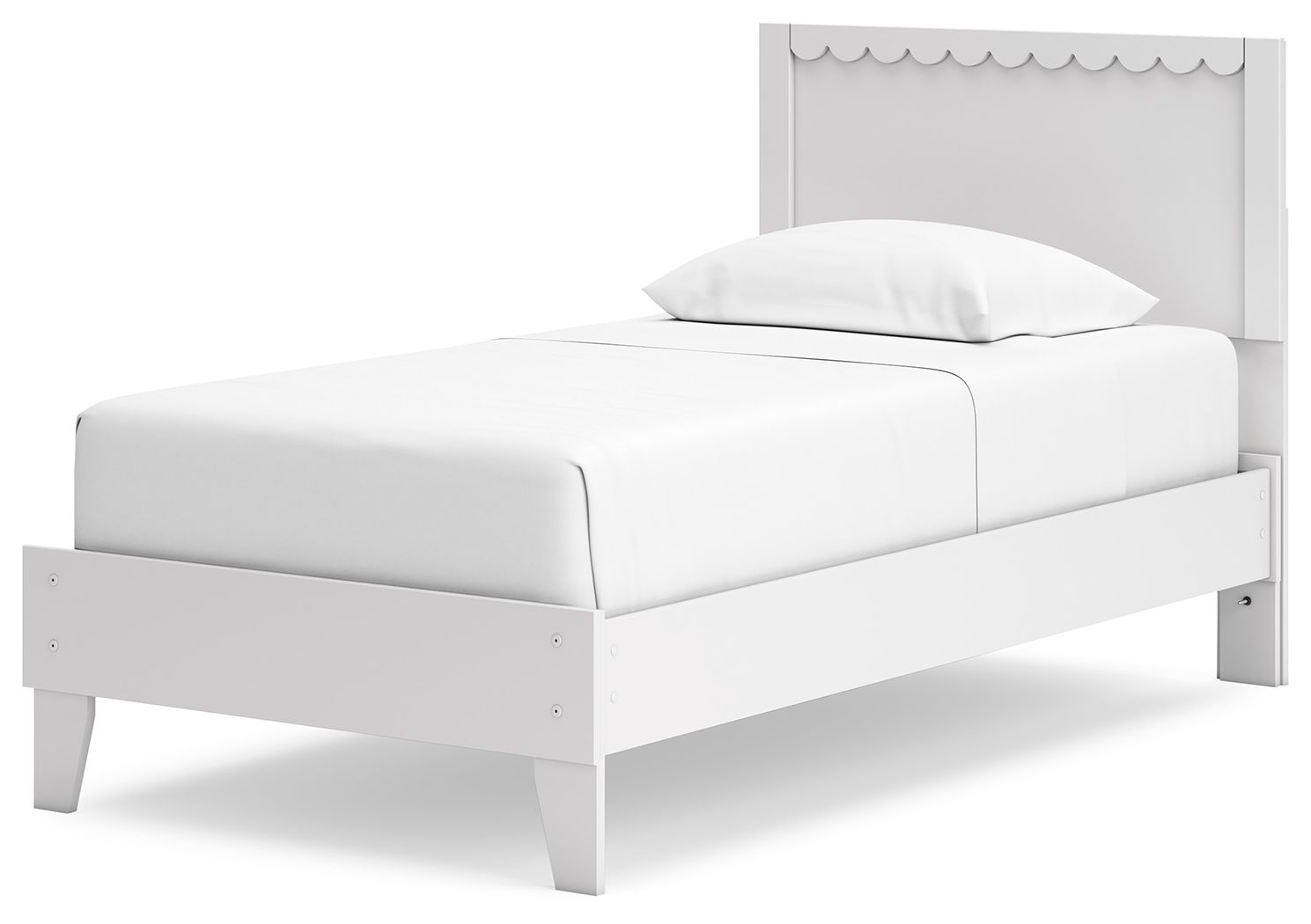 White panel platform bed with scalloped headboard and cushioned top, front view
