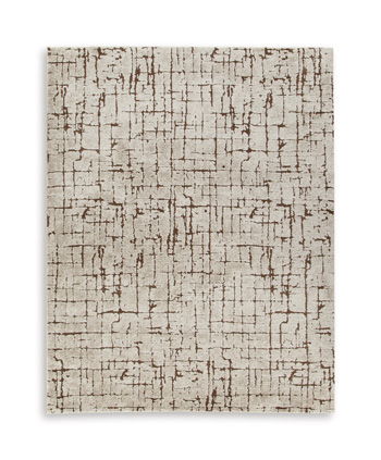 Light brown rug with distressed grid pattern and subtle speckling, short pile