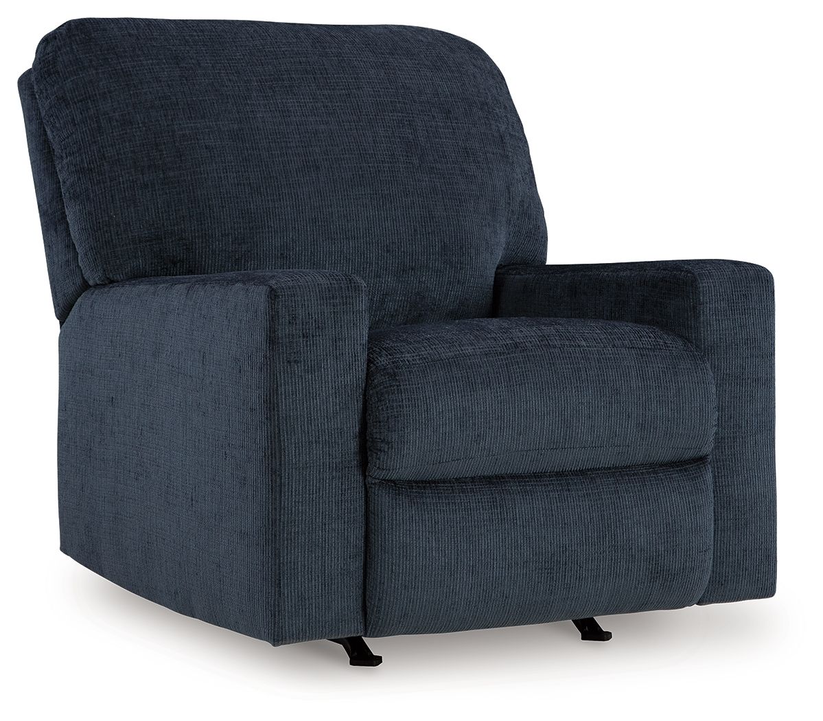 Rocker recliner chair in dark blue upholstered fabric with wide cushioned arms.