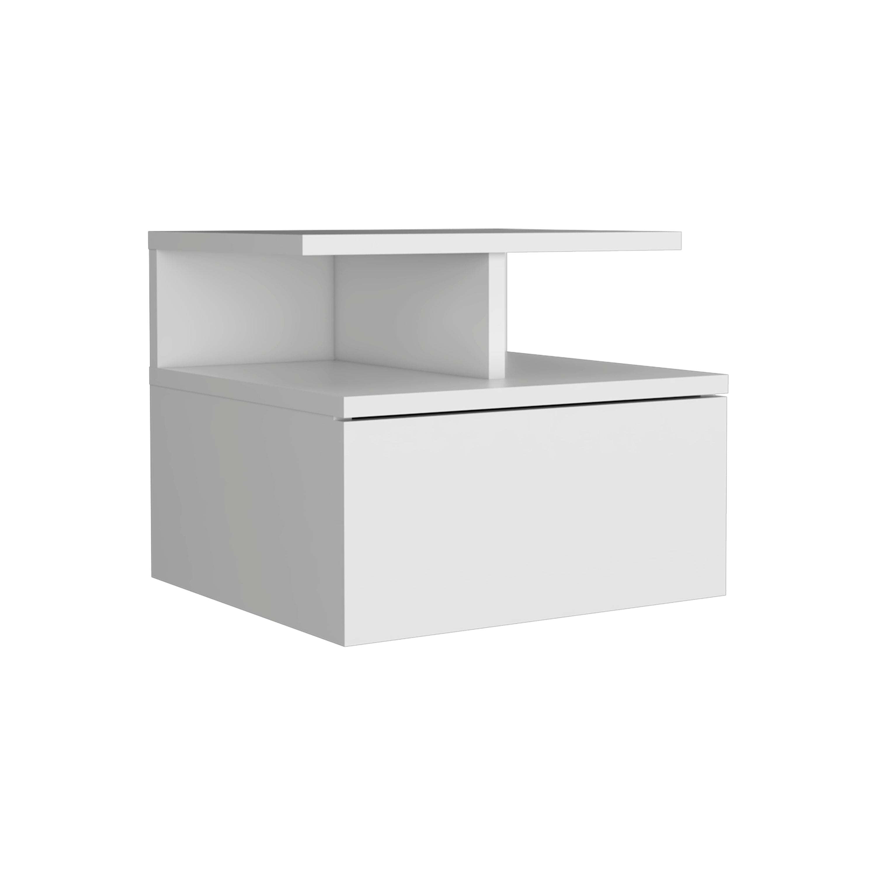 White Floating Wall Mounted Nightstand with Drawer & Shelf