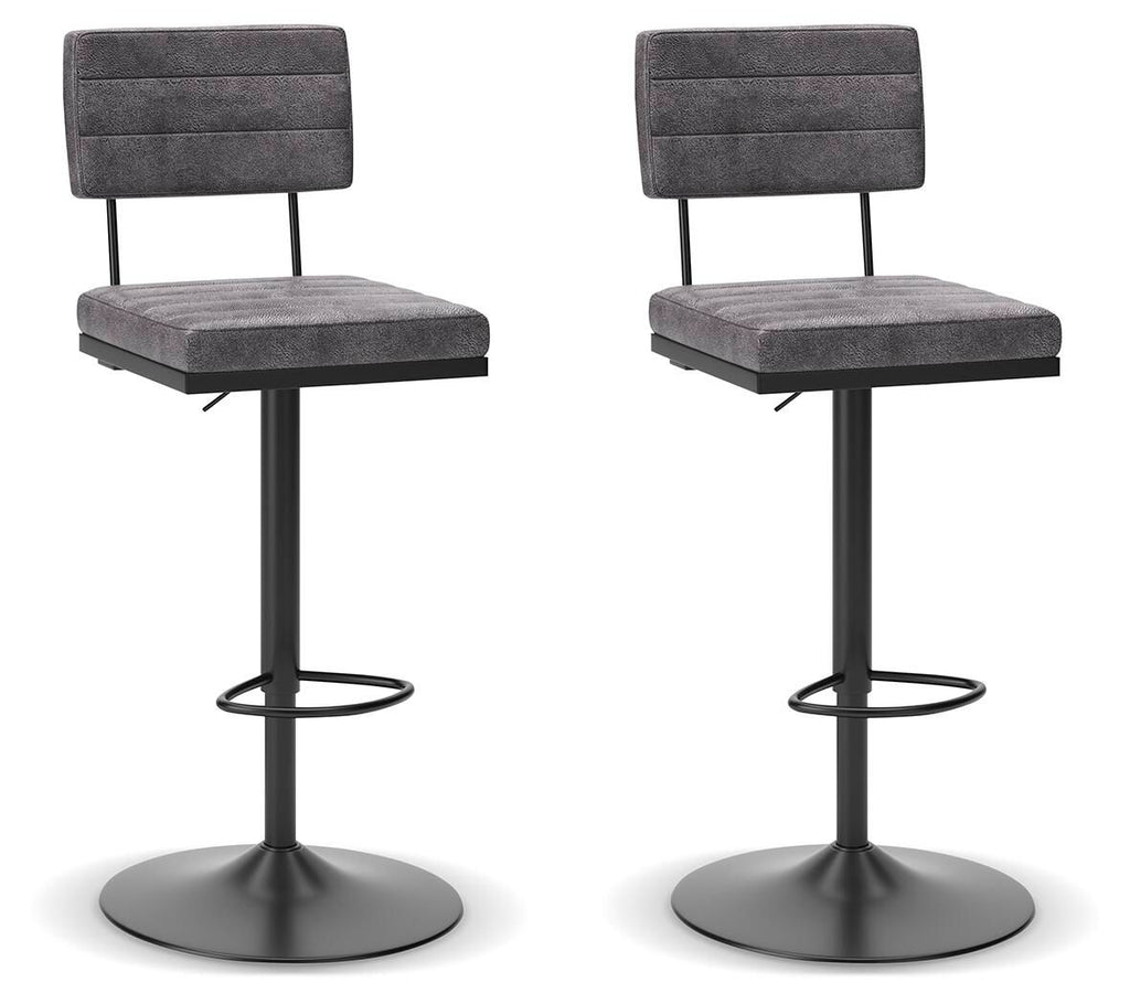 Set of 2 dark gray upholstered tall barstools with circular base and footrest.