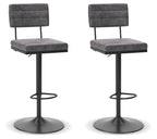 Set of 2 dark gray upholstered tall barstools with circular base and footrest.